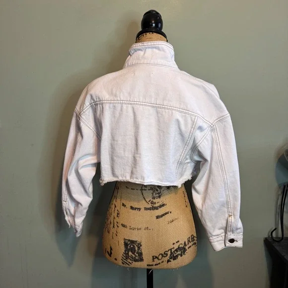 Elia-Cher Womens Y2k Streetwear Frayed Denim Cropped Jacket White Size 4/6 - Picture 2 of 8